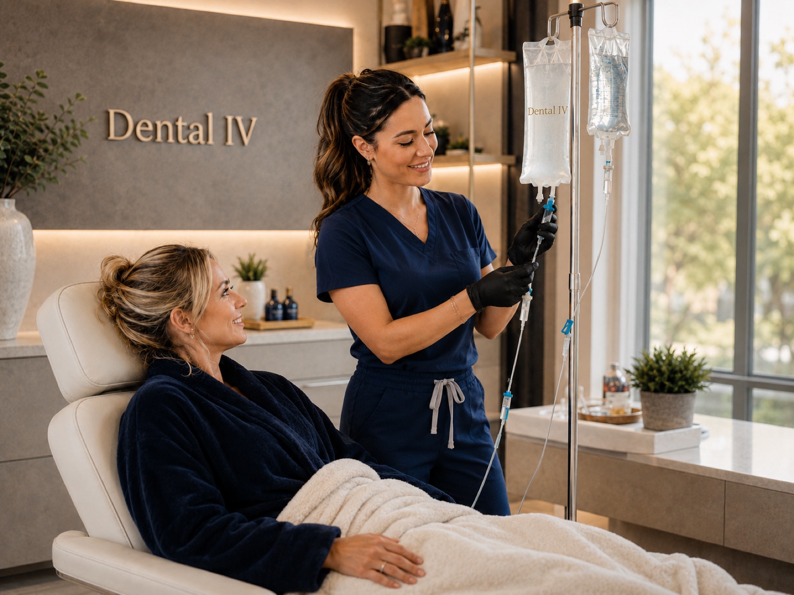 A clinician preparing an infusion for a resting client in the Dental IV suite